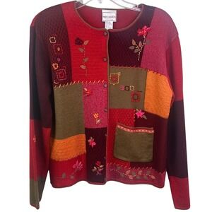 VTG Napa Valley Petites Button‎ Down Winter Christmas Floral Patchwork Sweater L